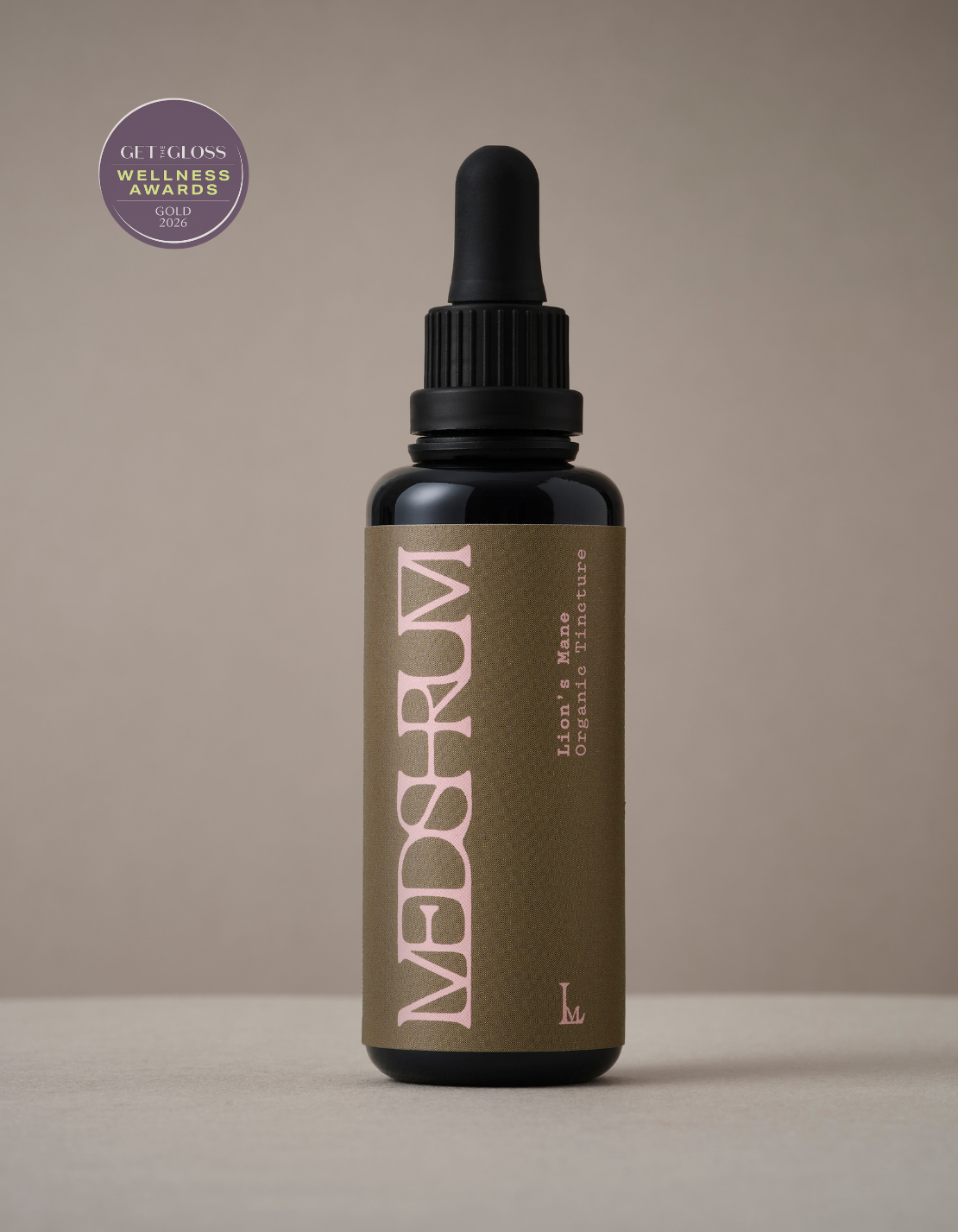 Medshrum Lion’s Mane organic tincture with Get The Gloss Wellness Awards Gold 2026 badge