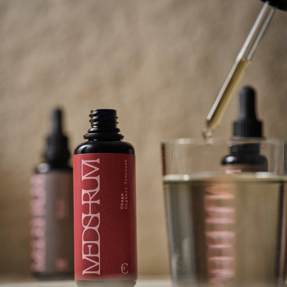 Medshrum tincture bottle with pipette for a daily functional mushroom wellness ritual.