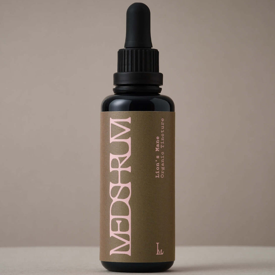 Medshrum organic Lion's Mane tincture bottle representing Nordic-grown functional mushroom supplements in the UK.