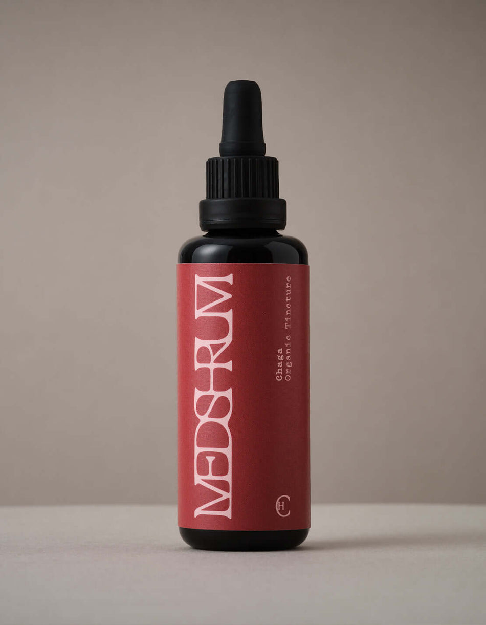 Medshrum Organic Chaga Tincture in red bottle for immune support and wellness.