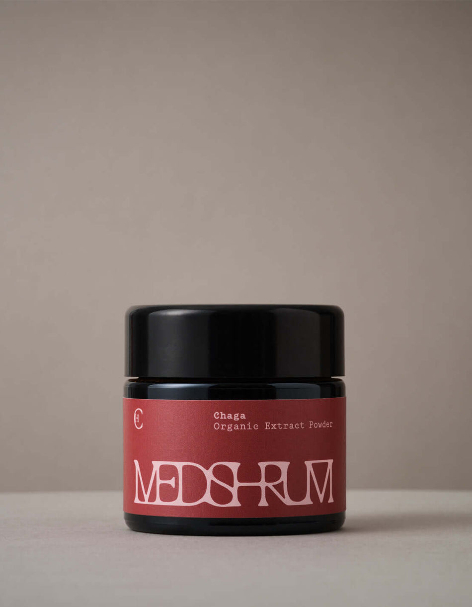 Medshrum Chaga Organic Extract Powder jar, Soil Association-certified, Nordic-sourced for wellness.