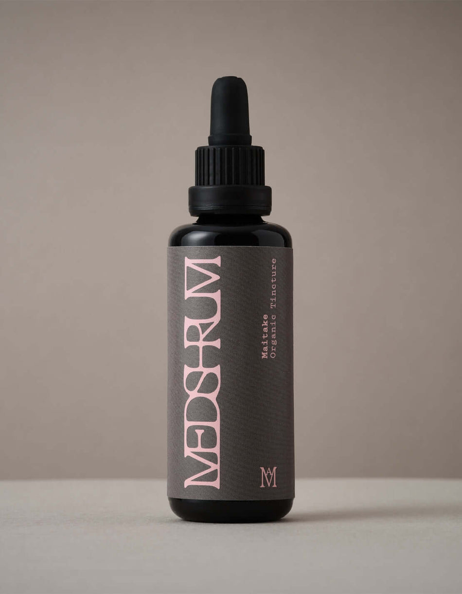 Medshrum Maitake organic tincture bottle, promoting immune support and overall wellbeing.