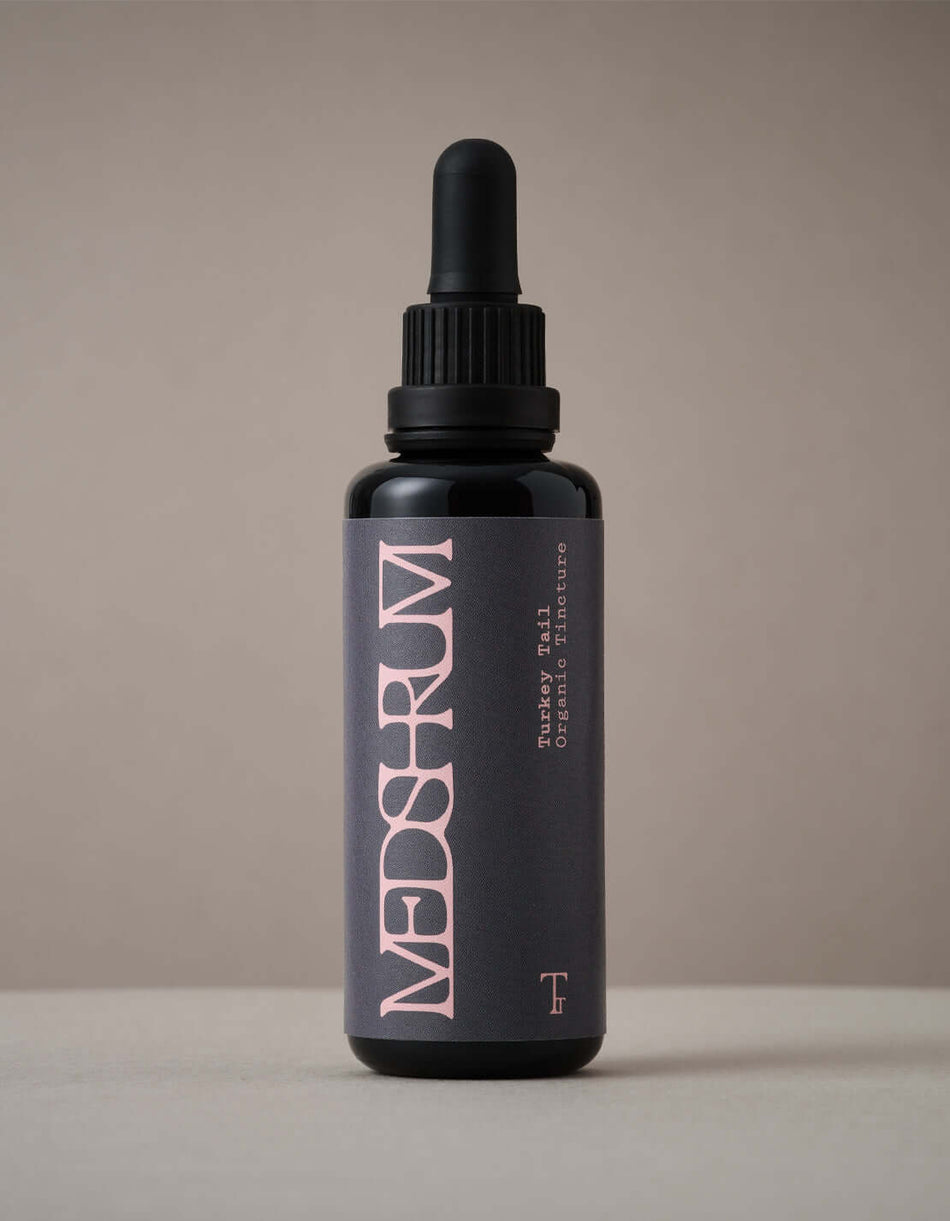 Medshrum Turkey Tail Organic Tincture bottle for immune support on neutral background.